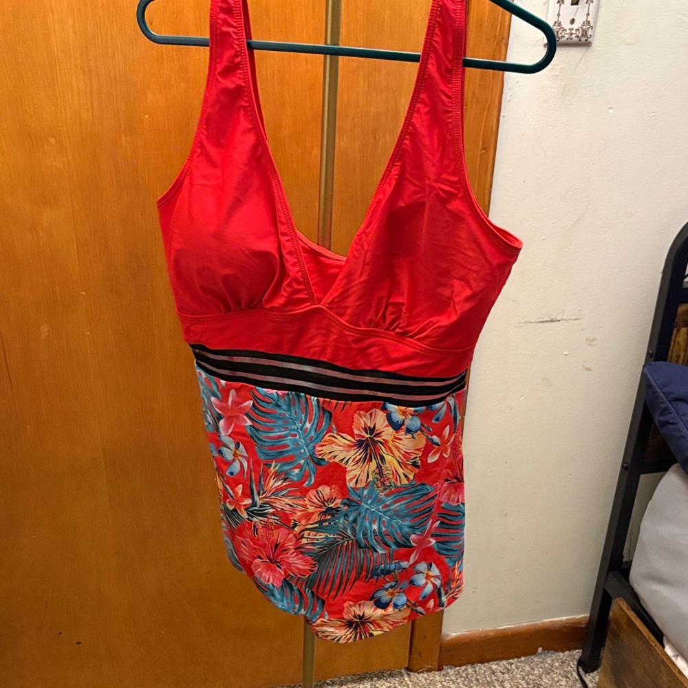 Red Floral one piece swim suit shorts